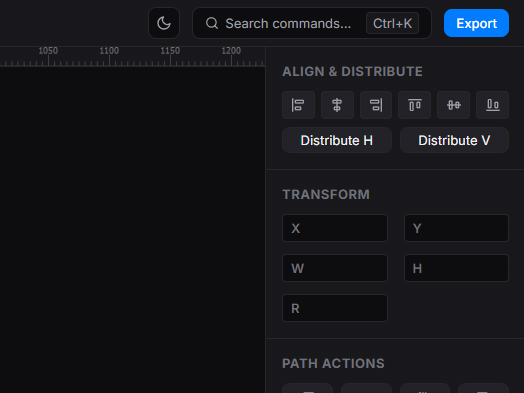 Full vector editor toolkit — align, transform, path actions, and color controls